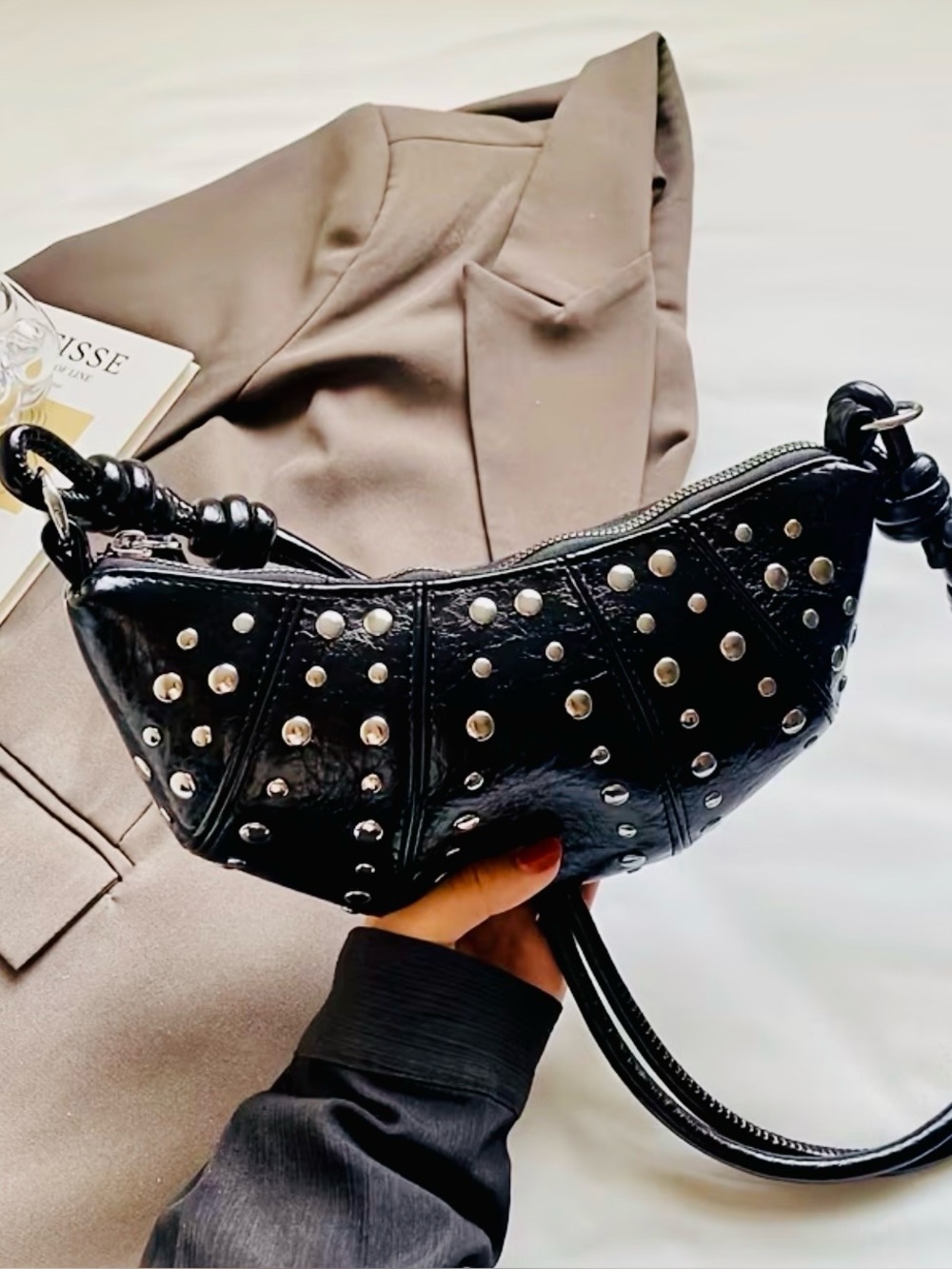 New -Chic -Gorgeous -Faux Leather Crossbody /Shoulder Bag w/ Stud Accents -Black
